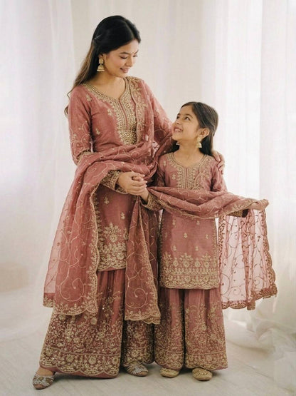 Wedding Wear Silk Embroidery Sequence Work Mother Daughter Matching Palazzo Suit