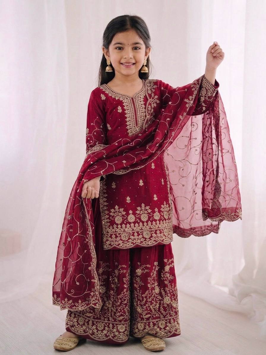 Wedding Wear Silk Embroidery Sequence Work Kids Palazzo Suit