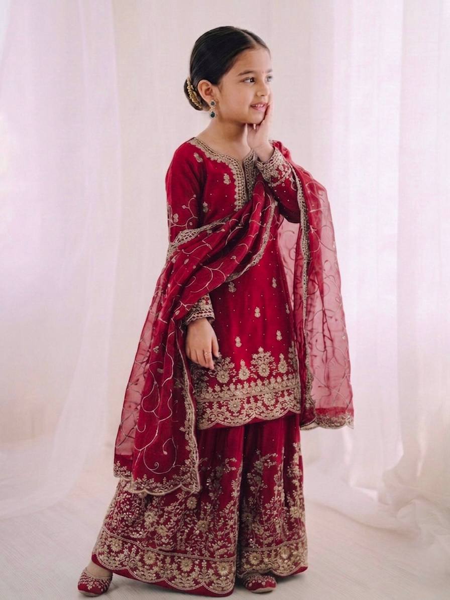 Wedding Wear Silk Embroidery Sequence Work Kids Palazzo Suit