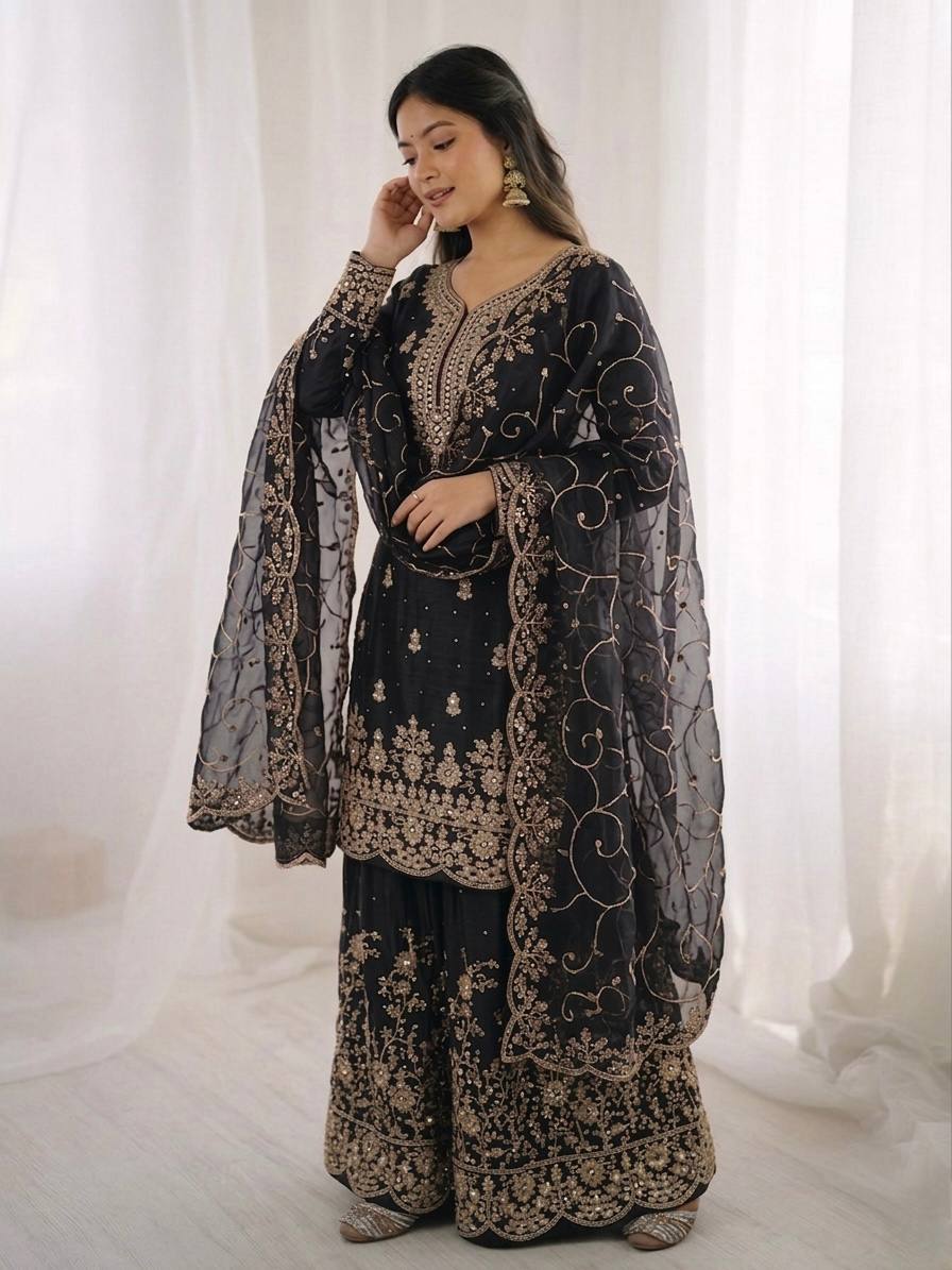 Arti Chauhan Wear Black Color Embroidery Sequence Work Palazzo Suit