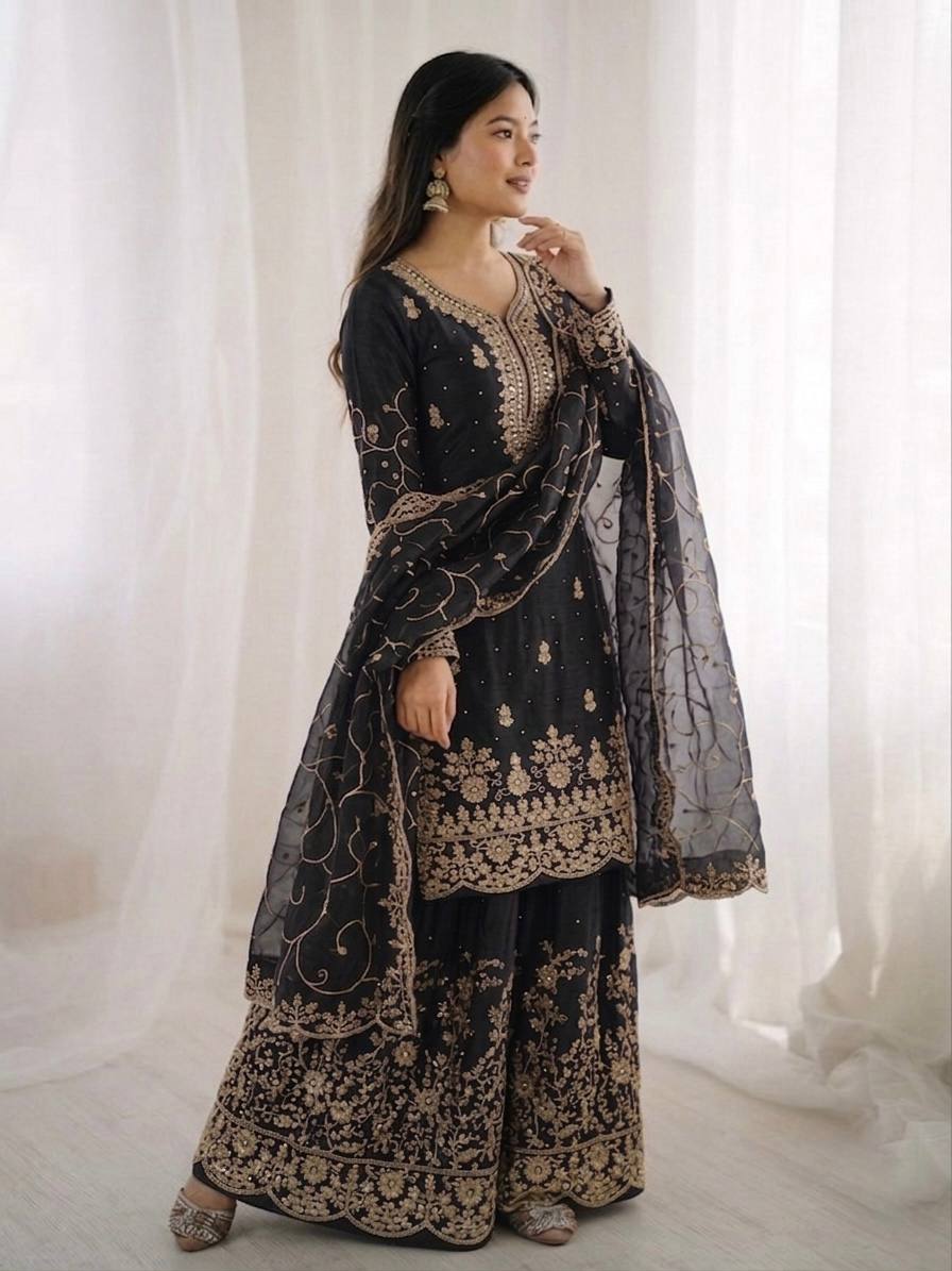 Arti Chauhan Wear Black Color Embroidery Sequence Work Palazzo Suit