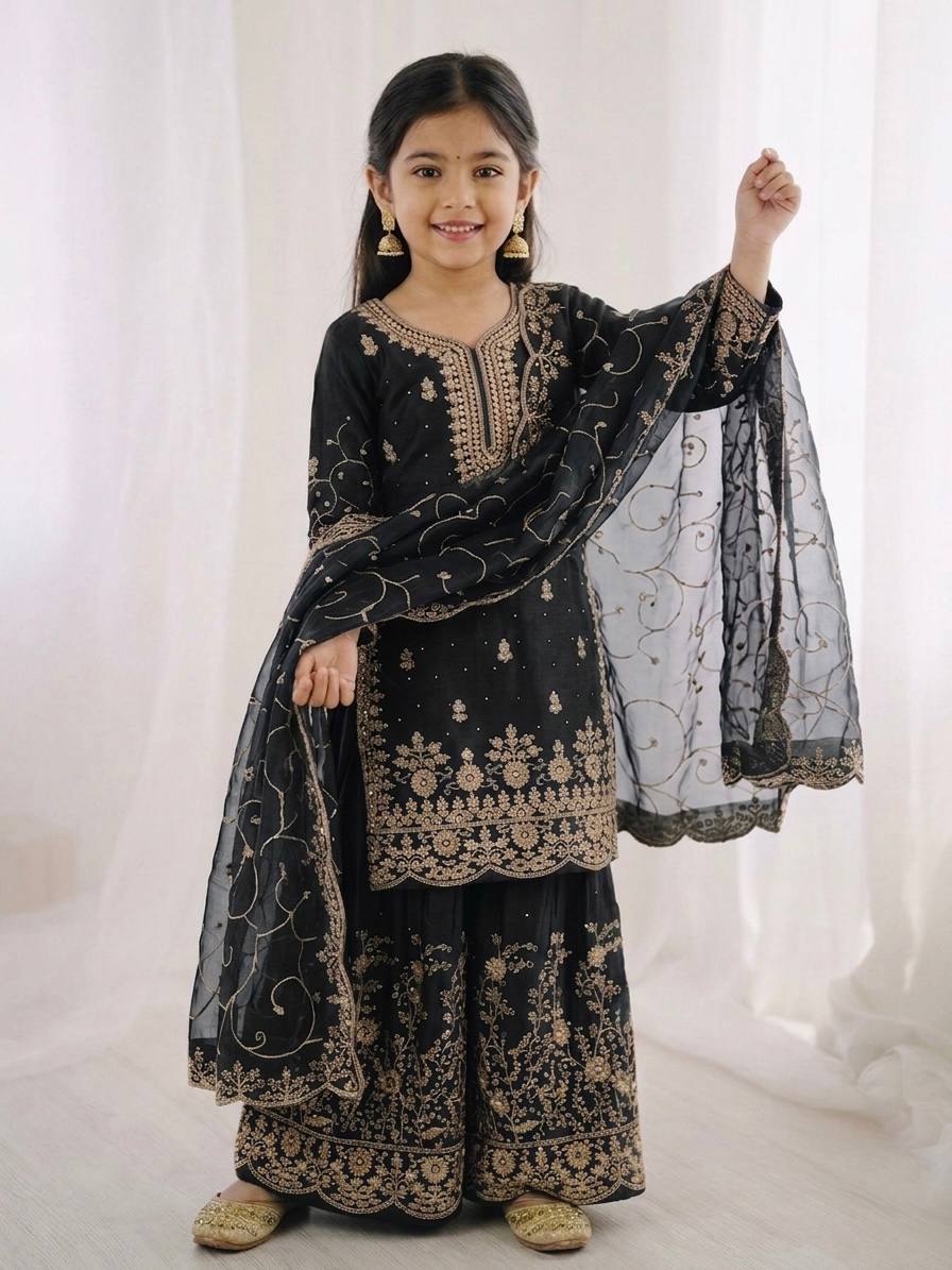 Wedding Wear Silk Embroidery Sequence Work Kids Palazzo Suit