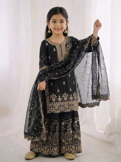 Wedding Wear Silk Embroidery Sequence Work Kids Palazzo Suit