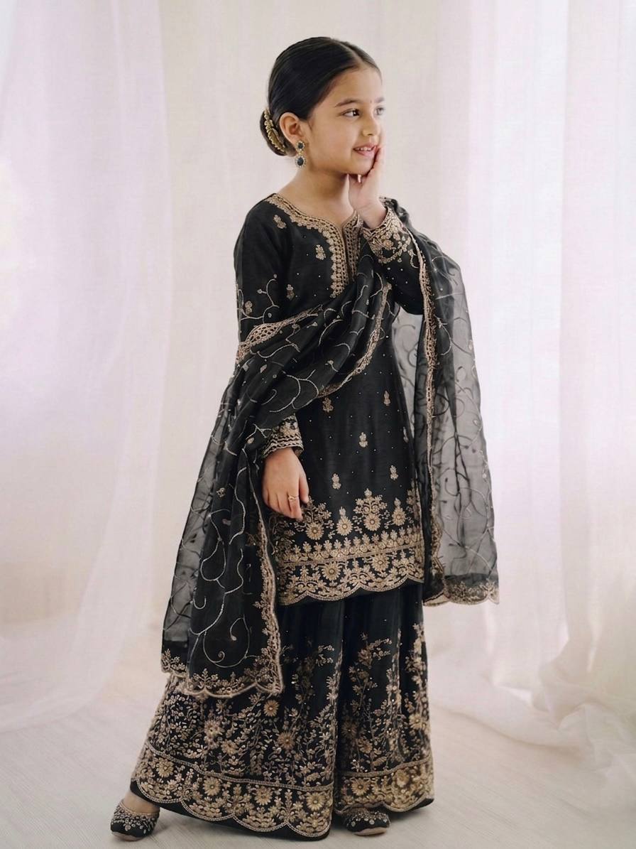 Wedding Wear Silk Embroidery Sequence Work Kids Palazzo Suit