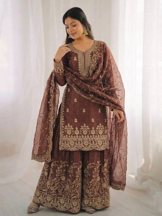 Arti Chauhan Wear Brown Color Embroidery Sequence Work Palazzo Suit