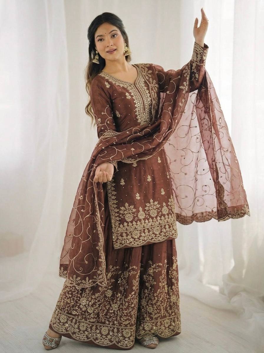 Arti Chauhan Wear Brown Color Embroidery Sequence Work Palazzo Suit