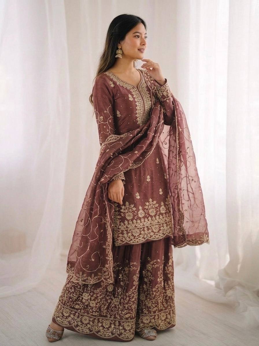 Arti Chauhan Wear Brown Color Embroidery Sequence Work Palazzo Suit