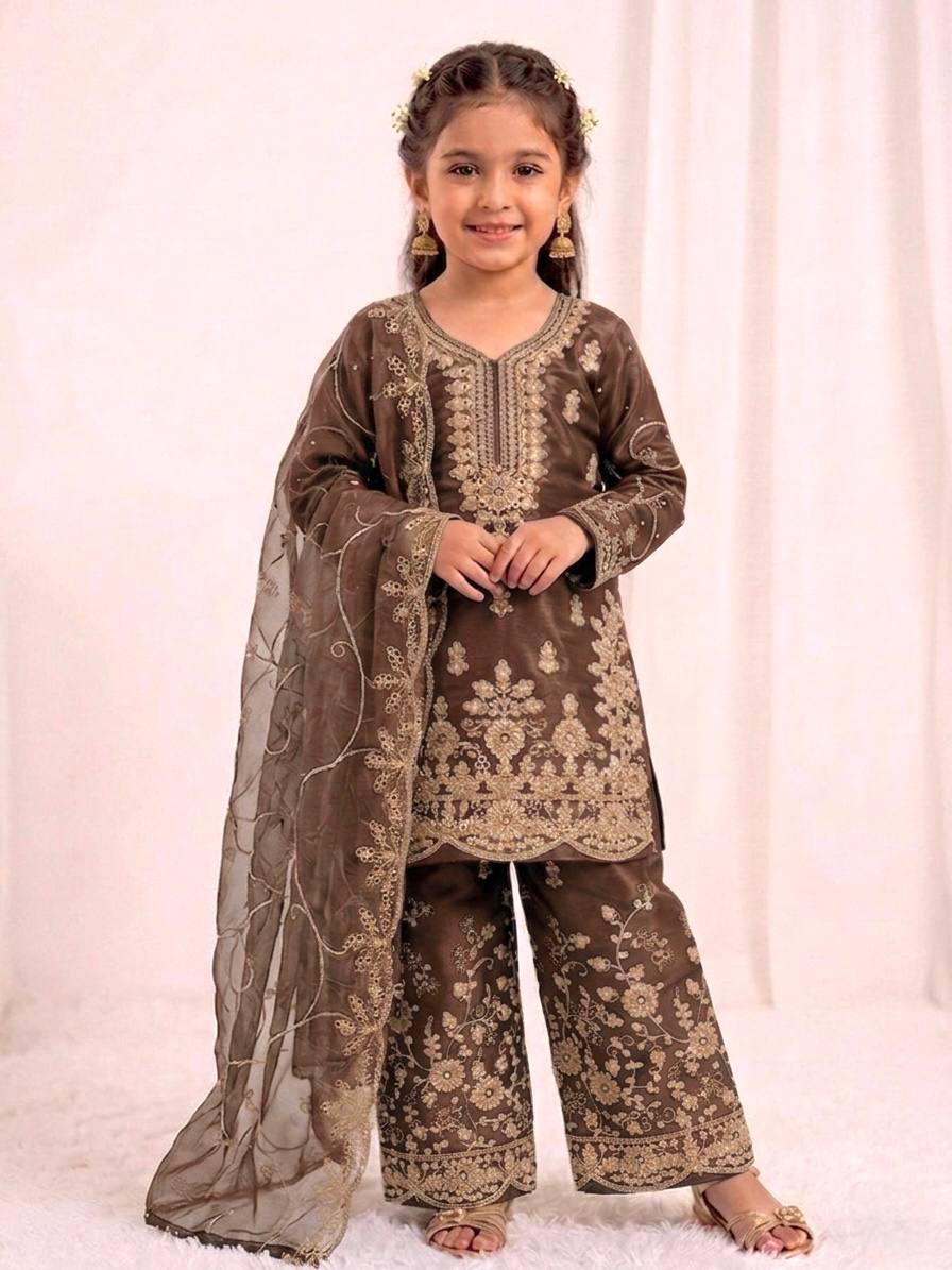 Wedding Wear Silk Embroidery Sequence Work Kids Palazzo Suit
