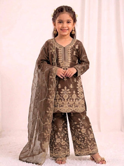 Wedding Wear Silk Embroidery Sequence Work Kids Palazzo Suit