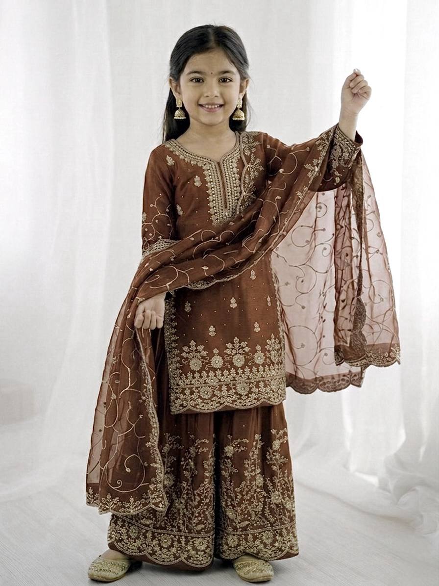 Wedding Wear Silk Embroidery Sequence Work Kids Palazzo Suit