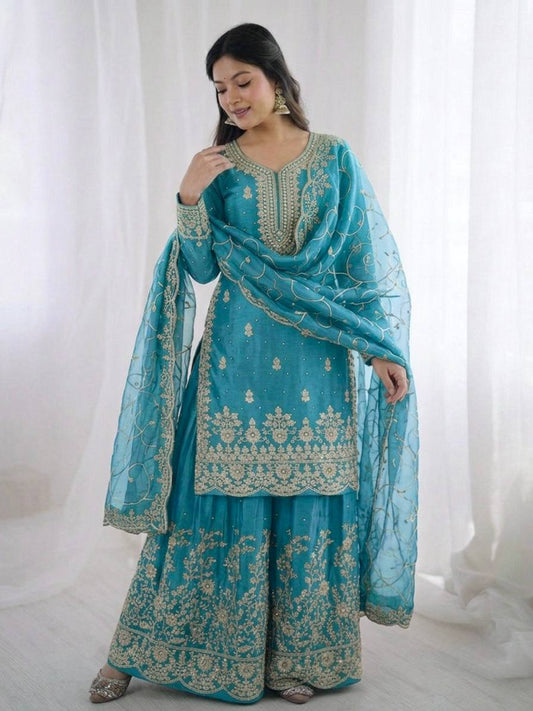 Arti Chauhan Wear Sky Blue Color Embroidery Sequence Work Palazzo Suit