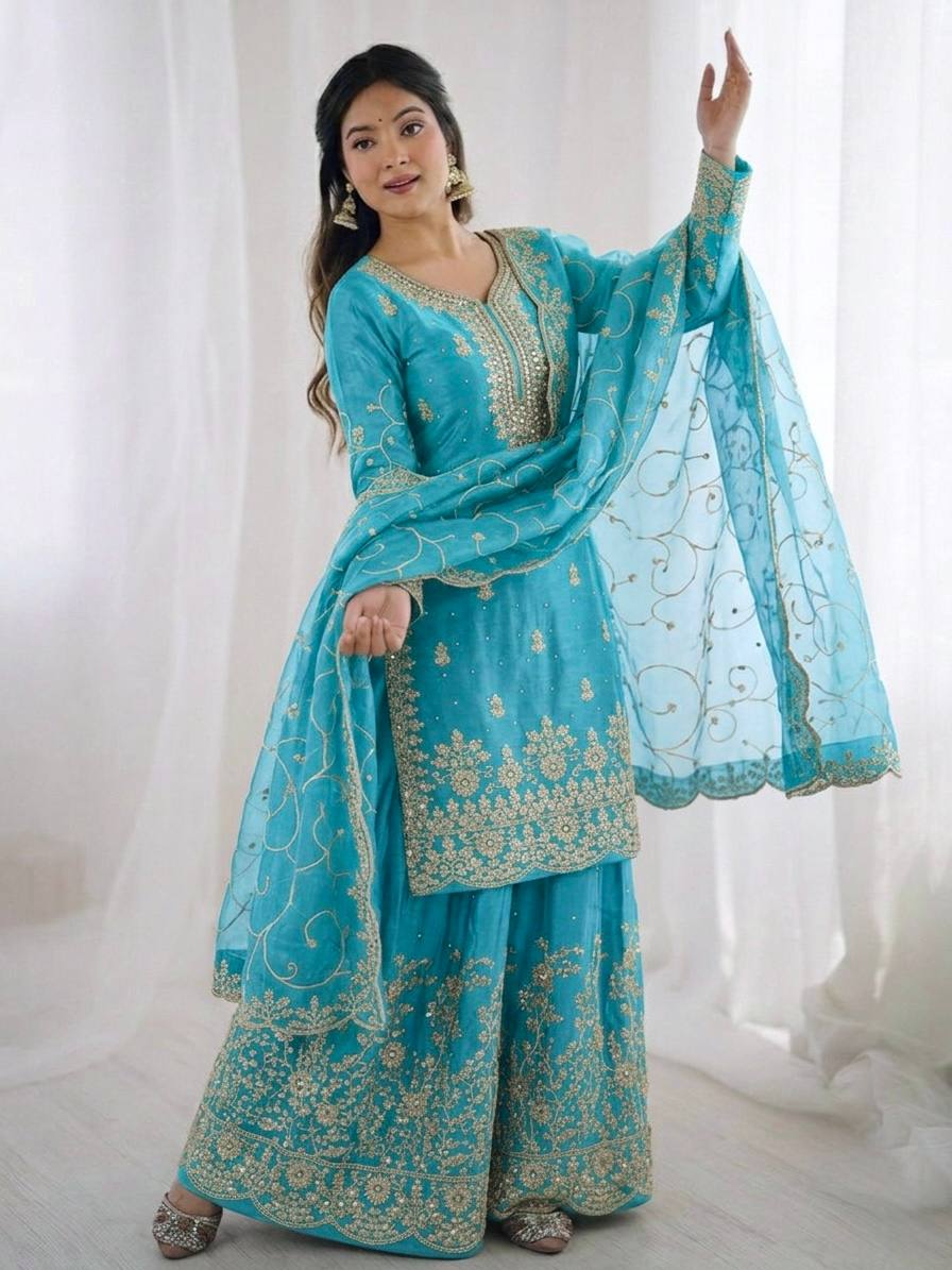 Arti Chauhan Wear Sky Blue Color Embroidery Sequence Work Palazzo Suit