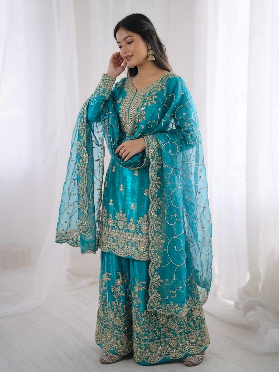 Arti Chauhan Wear Sky Blue Color Embroidery Sequence Work Palazzo Suit