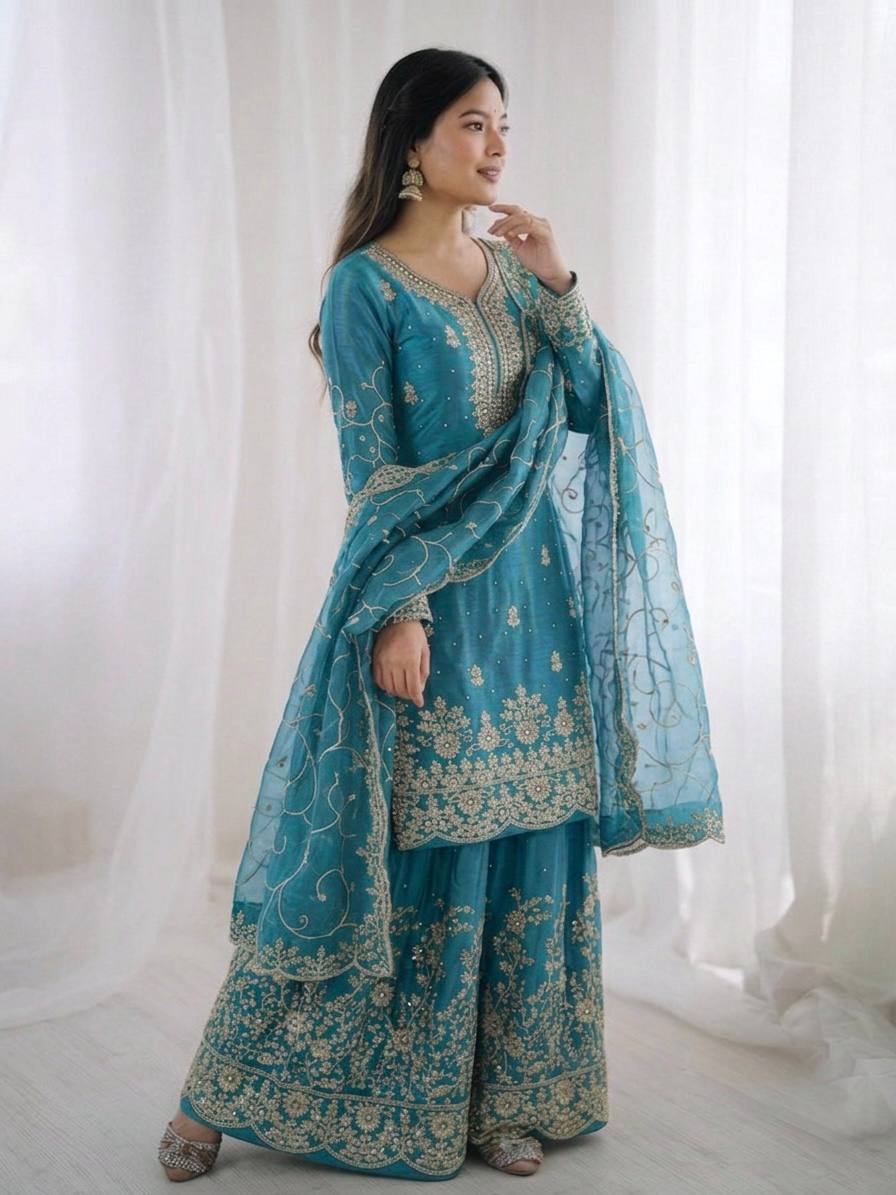 Arti Chauhan Wear Sky Blue Color Embroidery Sequence Work Palazzo Suit