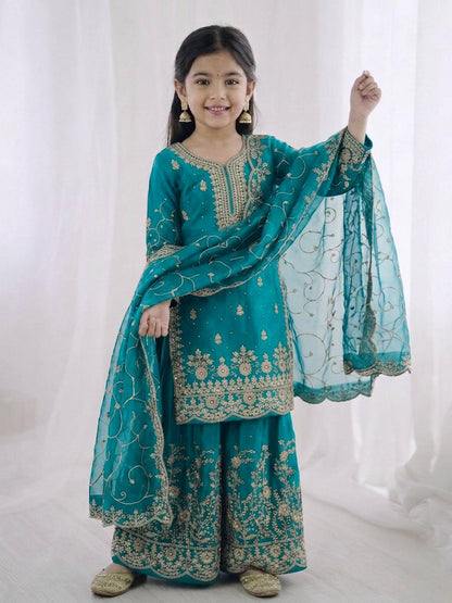 Wedding Wear Silk Embroidery Sequence Work Kids Palazzo Suit