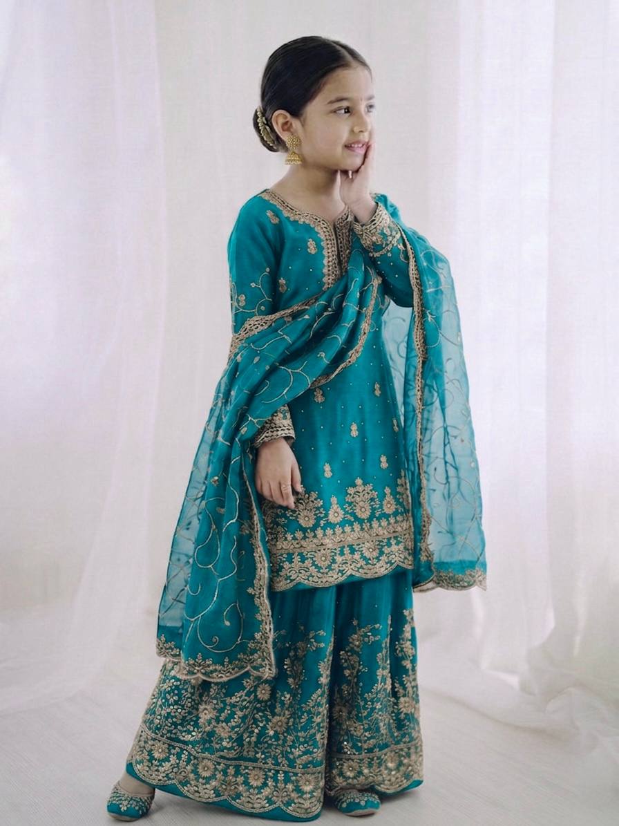 Wedding Wear Silk Embroidery Sequence Work Kids Palazzo Suit