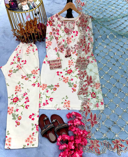 Party Wear White Color Heavy Printed Modal Silk With Embroidery Sequence Work Palazzo Suit