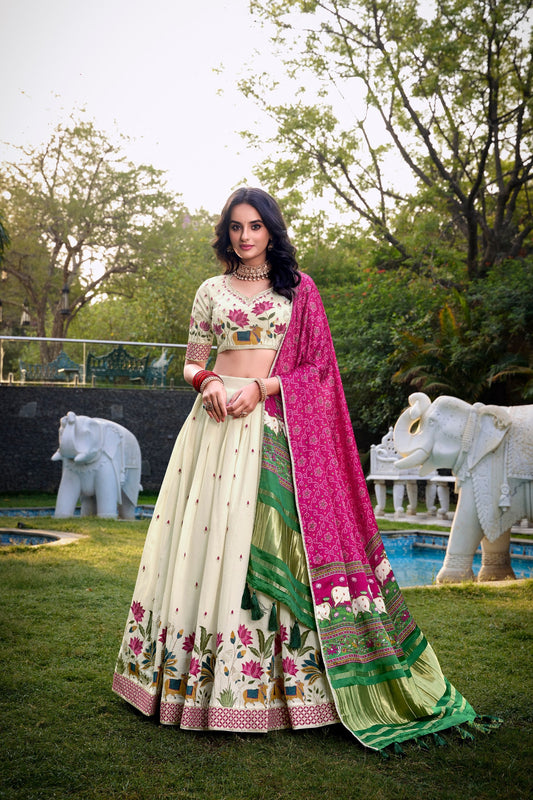 Wedding Wear Pink Color Khadi Cotton Lehenga Set With Gaji Silk Dupatta