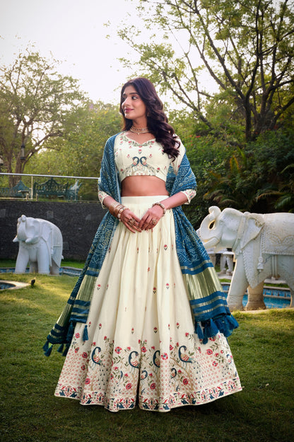 Wedding Wear Sky Blue Color Khadi Cotton Lehenga Set With Gaji Silk Dupatta