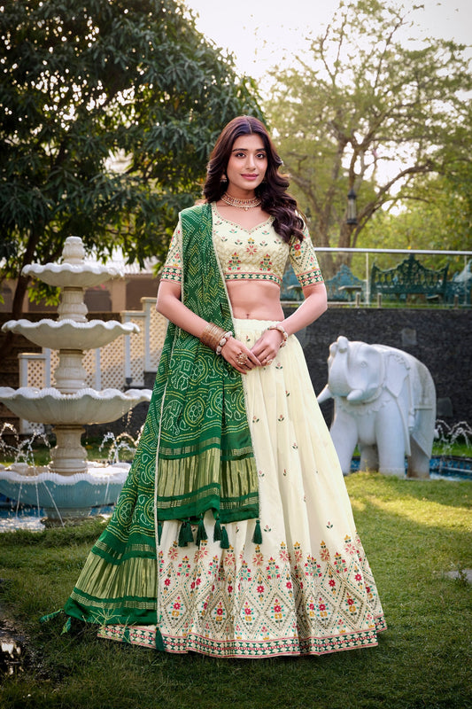 Wedding Wear Green Color Khadi Cotton Lehenga Set With Gaji Silk Dupatta