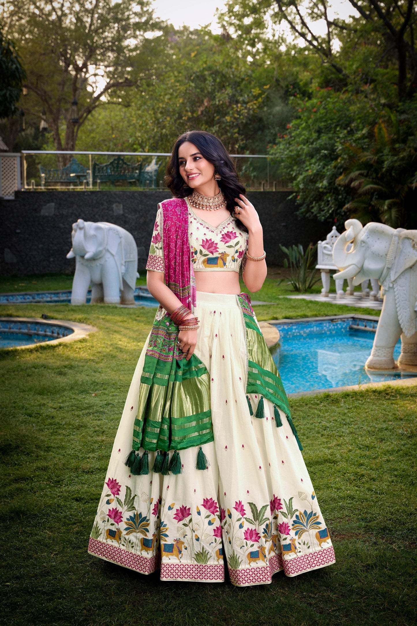 Wedding Wear Pink Color Khadi Cotton Lehenga Set With Gaji Silk Dupatta