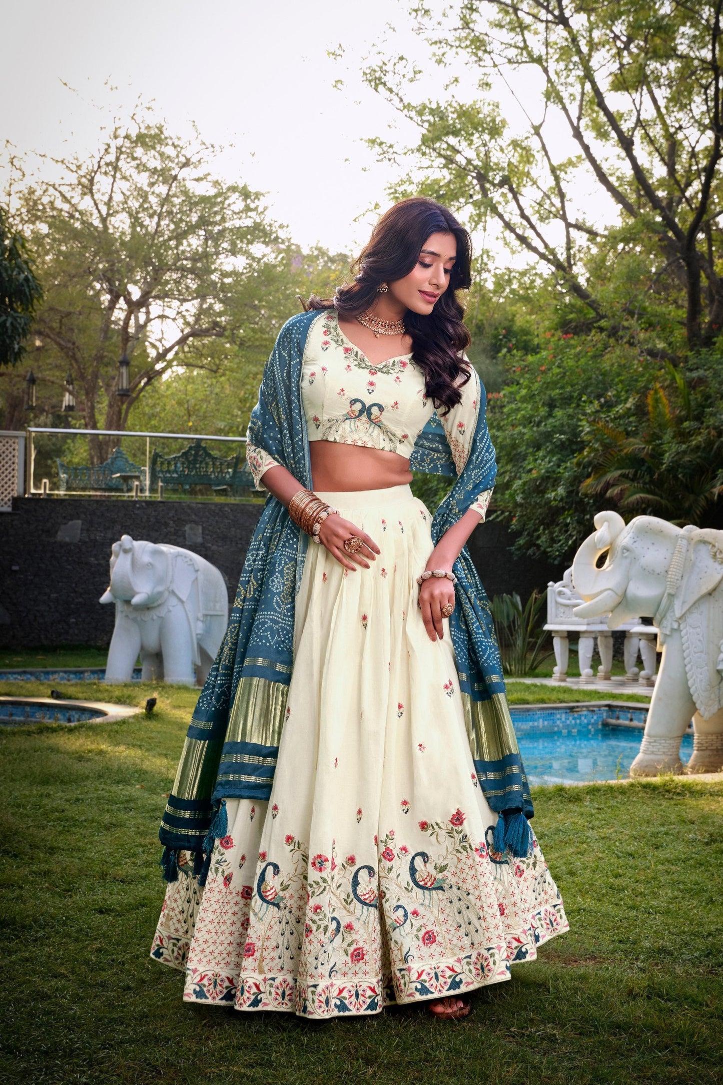Wedding Wear Sky Blue Color Khadi Cotton Lehenga Set With Gaji Silk Dupatta