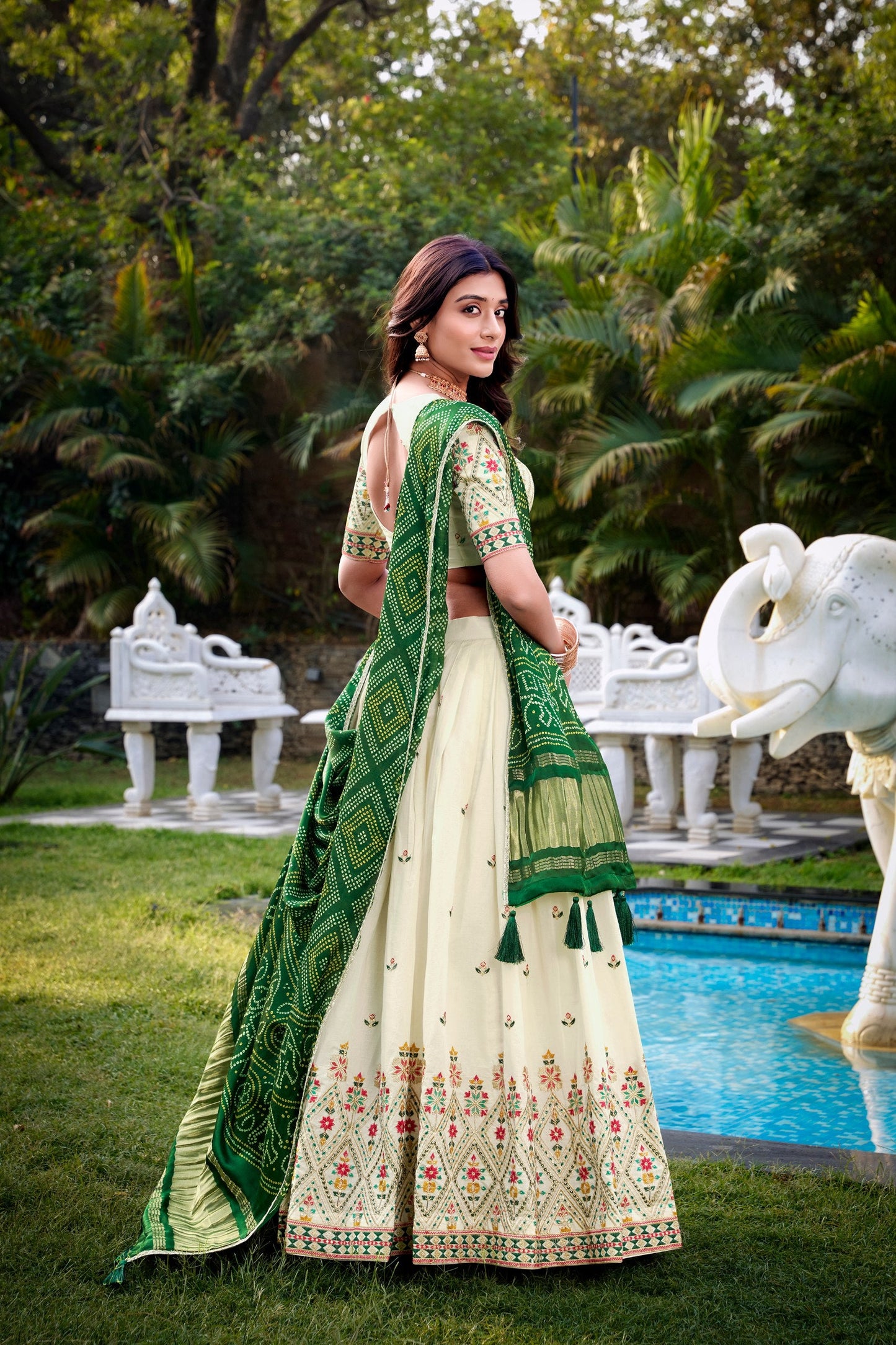 Wedding Wear Green Color Khadi Cotton Lehenga Set With Gaji Silk Dupatta
