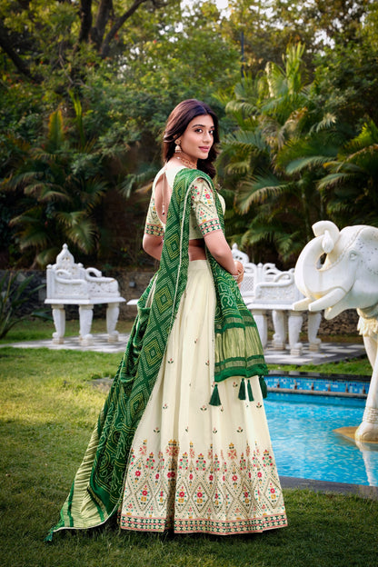 Wedding Wear Green Color Khadi Cotton Lehenga Set With Gaji Silk Dupatta