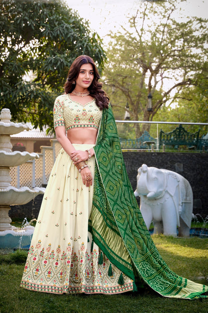 Wedding Wear Green Color Khadi Cotton Lehenga Set With Gaji Silk Dupatta