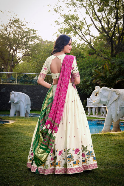 Wedding Wear Pink Color Khadi Cotton Lehenga Set With Gaji Silk Dupatta