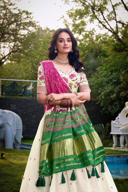 Wedding Wear Pink Color Khadi Cotton Lehenga Set With Gaji Silk Dupatta