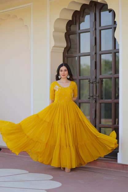 Wedding Wear Yellow Color Embroidered Designer Gown