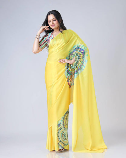 Trending Yellow Color Japan Satin With Digital Print Work Hands-Free Ready To Wear Saree