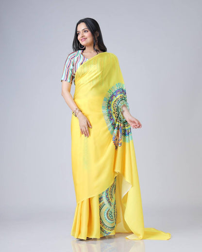 Trending Yellow Color Japan Satin With Digital Print Work Hands-Free Ready To Wear Saree