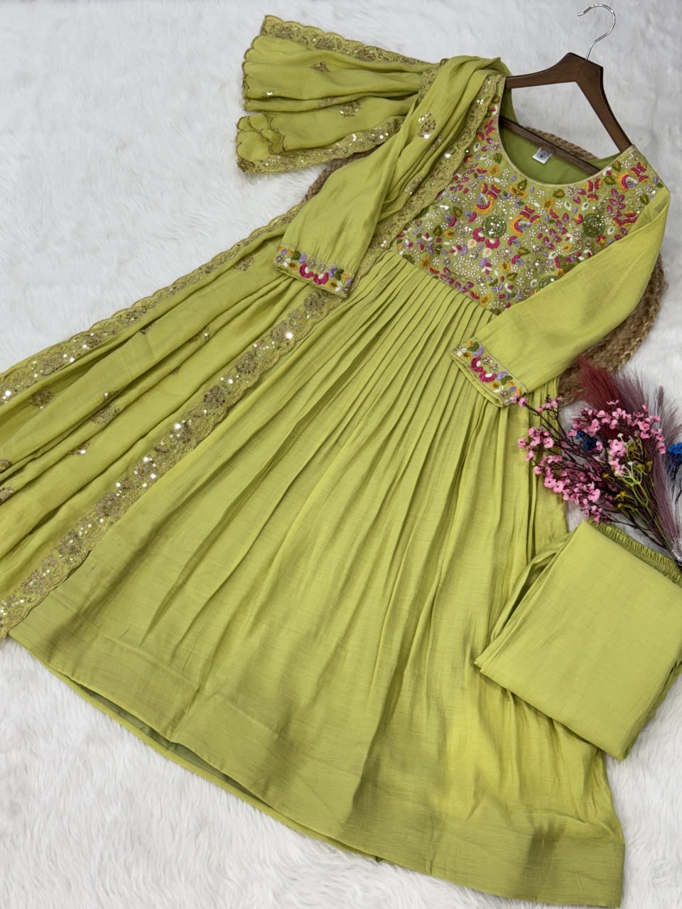 Shining Green Color Mal Chanderi Embroidered Work Gown