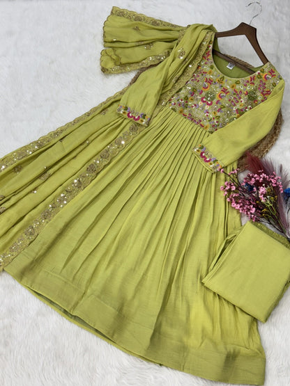 Shining Green Color Mal Chanderi Embroidered Work Gown
