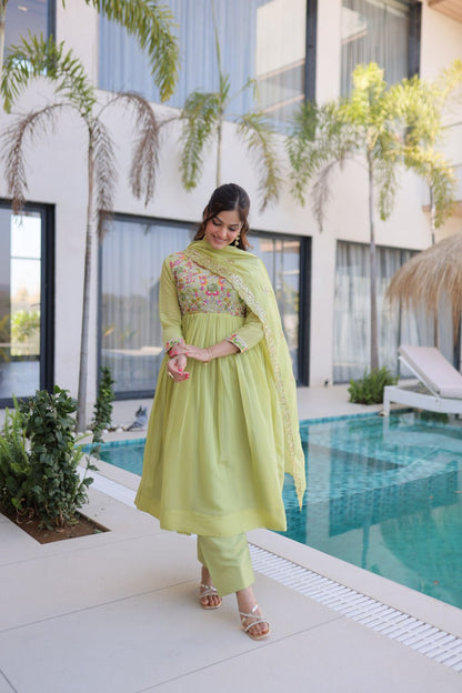 Shining Green Color Mal Chanderi Embroidered Work Gown