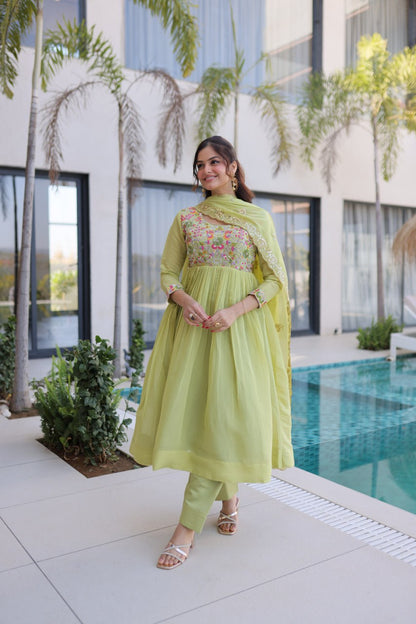 Shining Green Color Mal Chanderi Embroidered Work Gown