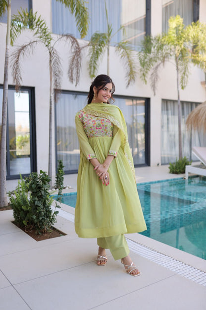 Shining Green Color Mal Chanderi Embroidered Work Gown
