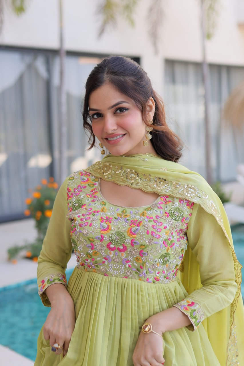Shining Green Color Mal Chanderi Embroidered Work Gown