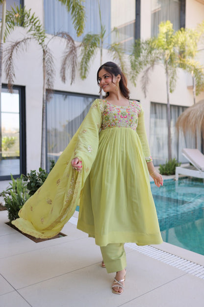 Shining Green Color Mal Chanderi Embroidered Work Gown