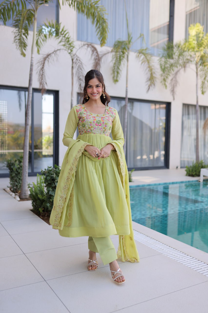Shining Green Color Mal Chanderi Embroidered Work Gown