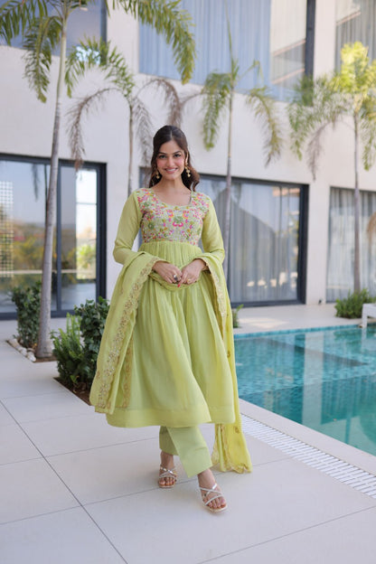 Shining Green Color Mal Chanderi Embroidered Work Gown