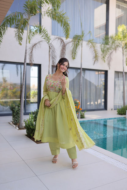 Shining Green Color Mal Chanderi Embroidered Work Gown