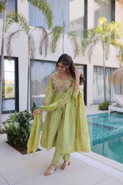 Shining Green Color Mal Chanderi Embroidered Work Gown