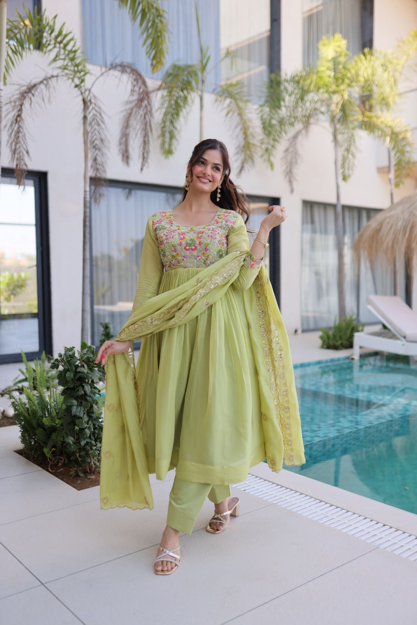 Shining Green Color Mal Chanderi Embroidered Work Gown