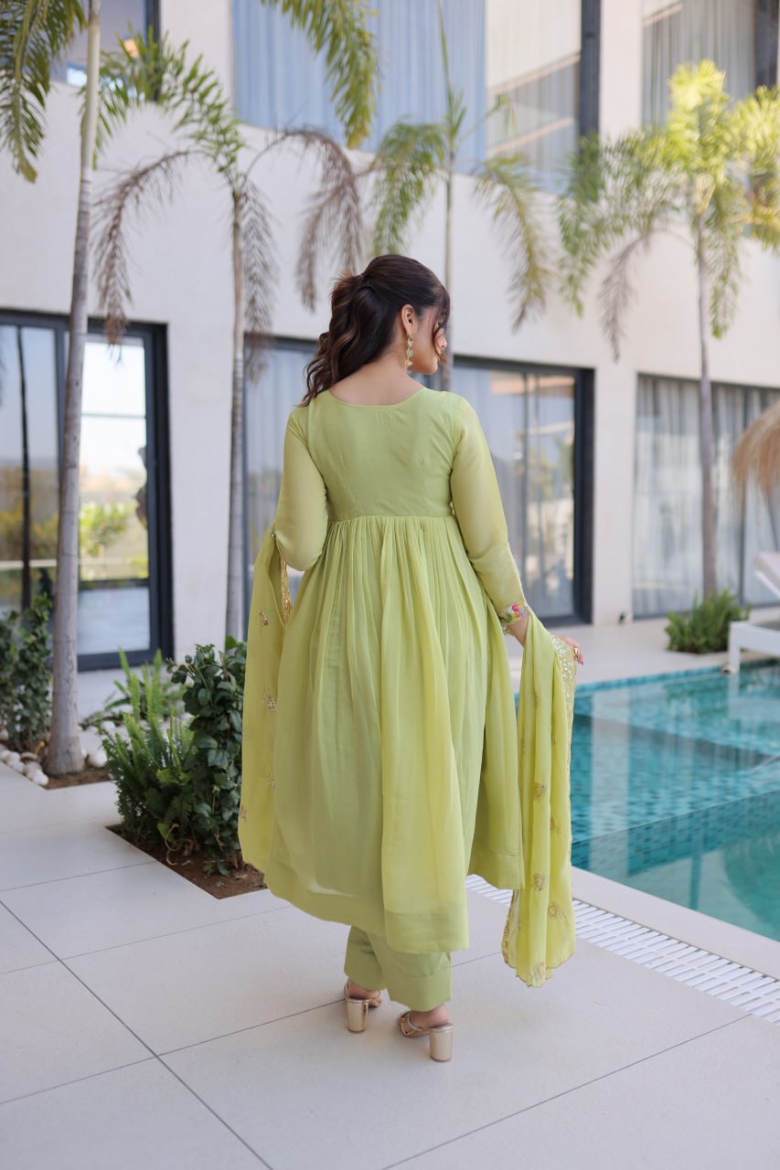 Shining Green Color Mal Chanderi Embroidered Work Gown