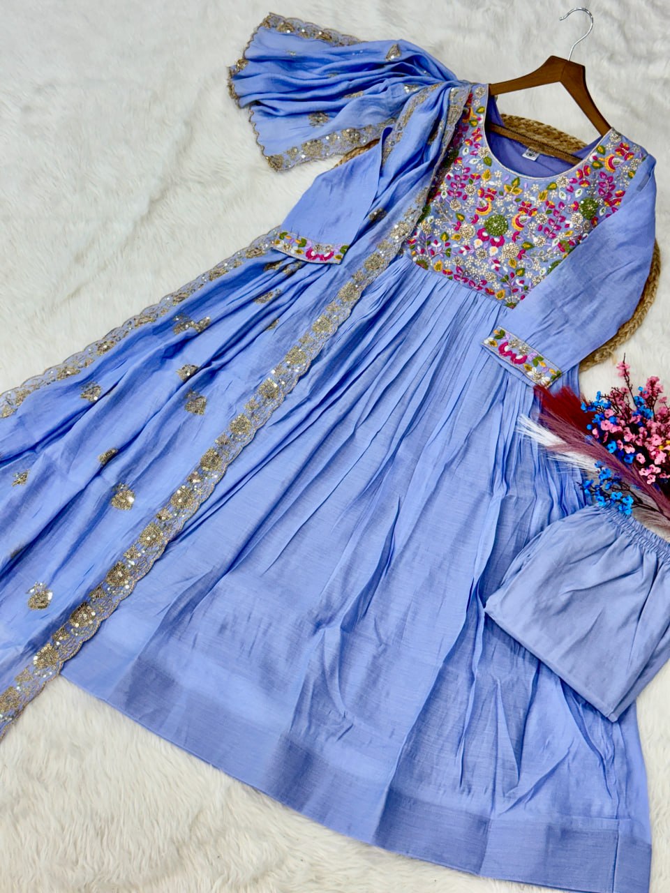 Lovely Purple Color Mal Chanderi Embroidered Work Gown