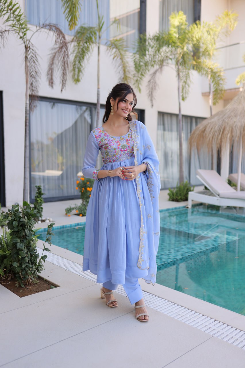 Lovely Purple Color Mal Chanderi Embroidered Work Gown