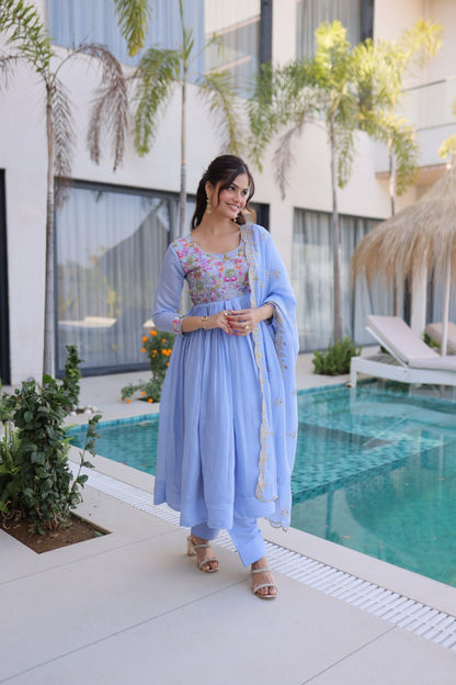 Lovely Purple Color Mal Chanderi Embroidered Work Gown